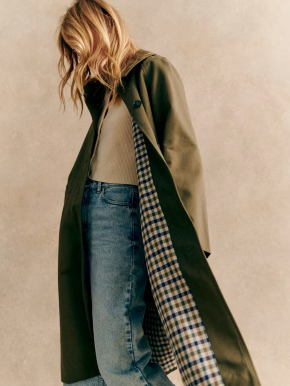 Sezane Clyde Trench Coat with Plaid Lining - Dark Khaki Size 2 (34) NWT